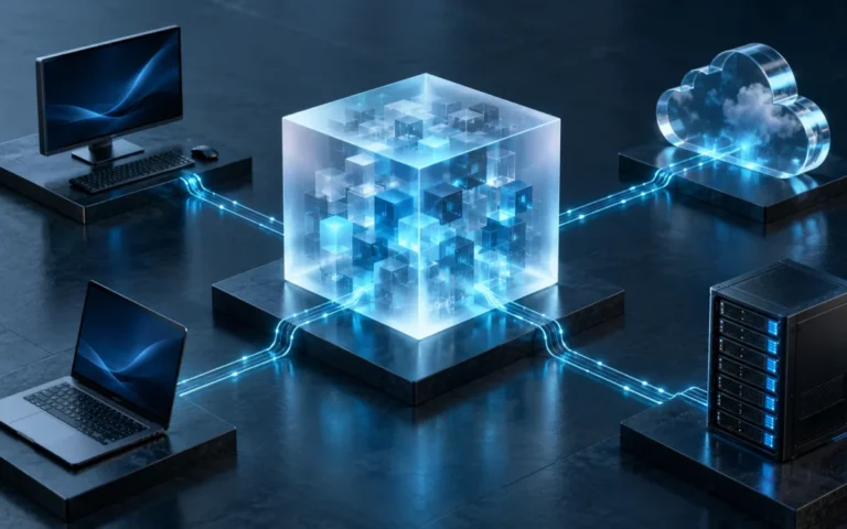 Illustrazione originale di una rete di dispositivi e server collegati a un centro dati, simbolo della gestione degli asset informatici.