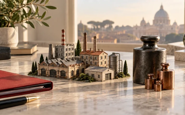 Illustrazione di un portafoglio industriale in miniatura e pesi, simbolo di investimenti e debito