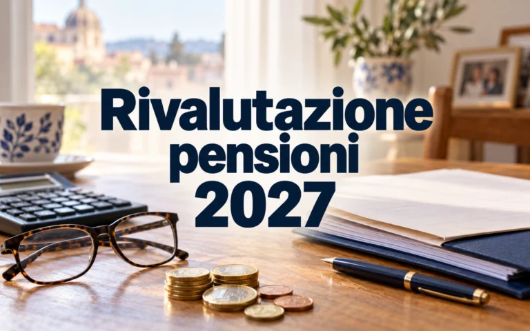 Scritta Rivalutazione pensioni 2027 su un tavolo con calcolatrice, occhiali e monete in euro.