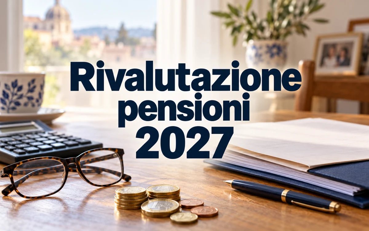 Scritta Rivalutazione pensioni 2027 su un tavolo con calcolatrice, occhiali e monete in euro.