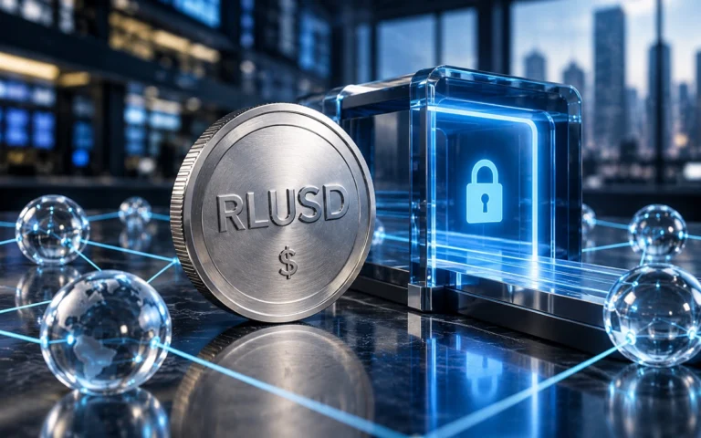 Token simbolico RLUSD accanto a un accesso digitale protetto e nodi di una rete blockchain