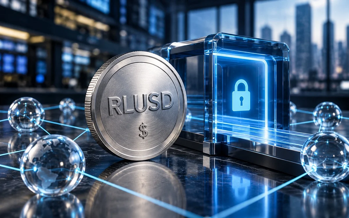 Token simbolico RLUSD accanto a un accesso digitale protetto e nodi di una rete blockchain