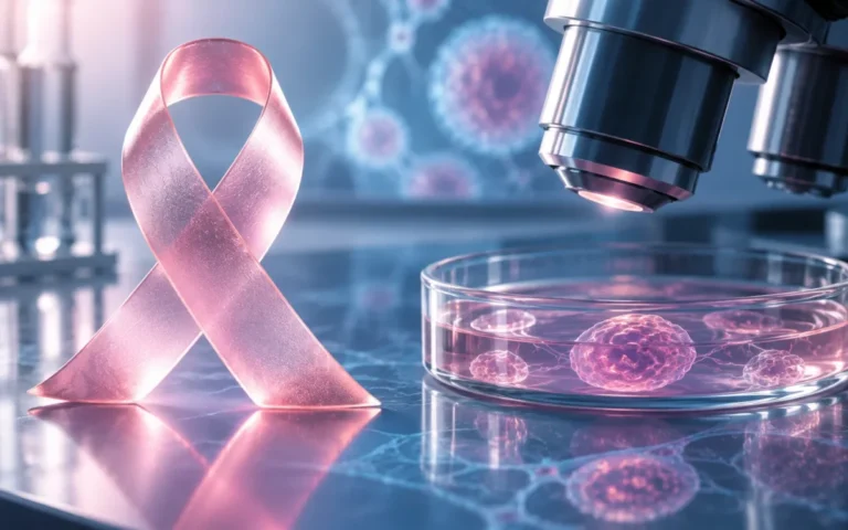 Illustrazione generata con IA: nastro rosa, microscopio e coltura cellulare come simboli della ricerca sul tumore al seno.