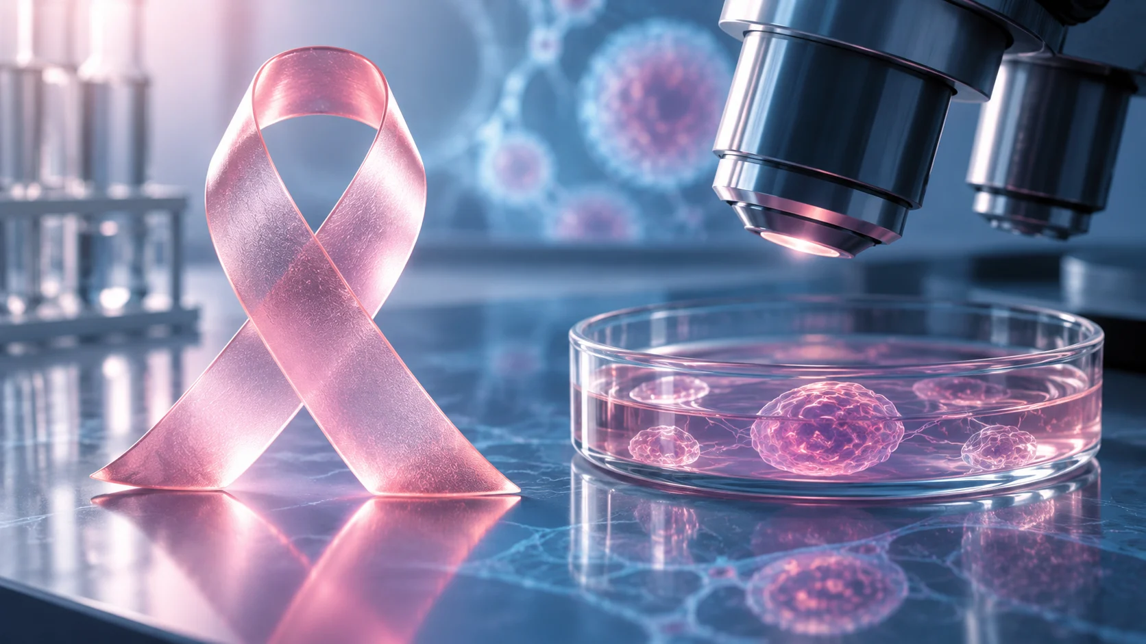 Illustrazione generata con IA: nastro rosa, microscopio e coltura cellulare come simboli della ricerca sul tumore al seno.
