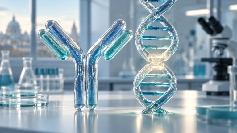 Illustrazione originale di un anticorpo e una doppia elica del DNA in un laboratorio, per la ricerca oncologica