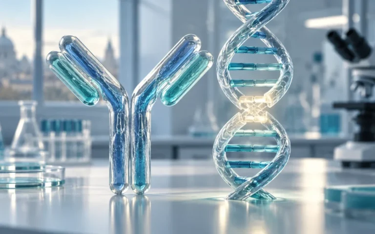 Illustrazione originale di un anticorpo e una doppia elica del DNA in un laboratorio, per la ricerca oncologica