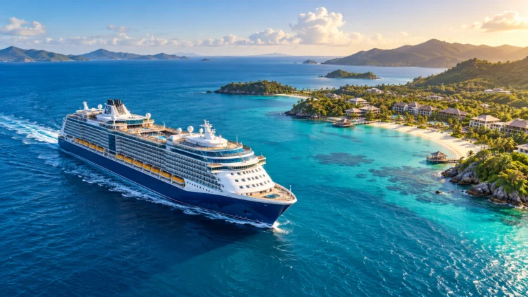 Nave da crociera in mare turchese accanto a un resort tropicale, illustrazione editoriale sul business Royal Caribbean