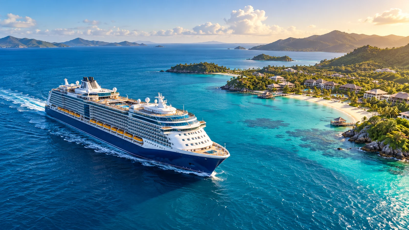 Nave da crociera in mare turchese accanto a un resort tropicale, illustrazione editoriale sul business Royal Caribbean