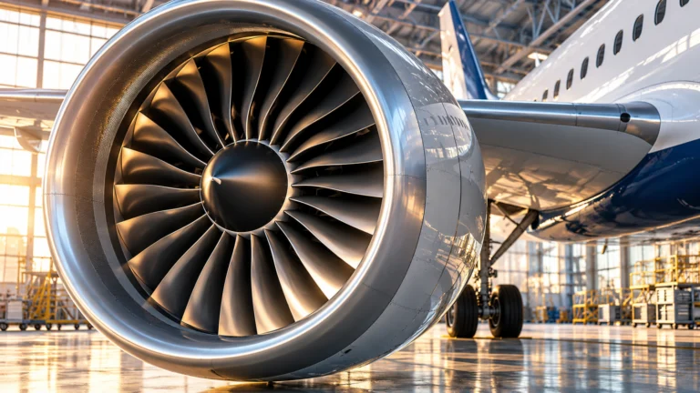 Motore turbofan di un aereo in un hangar, illustrazione per l’analisi dei conti RTX