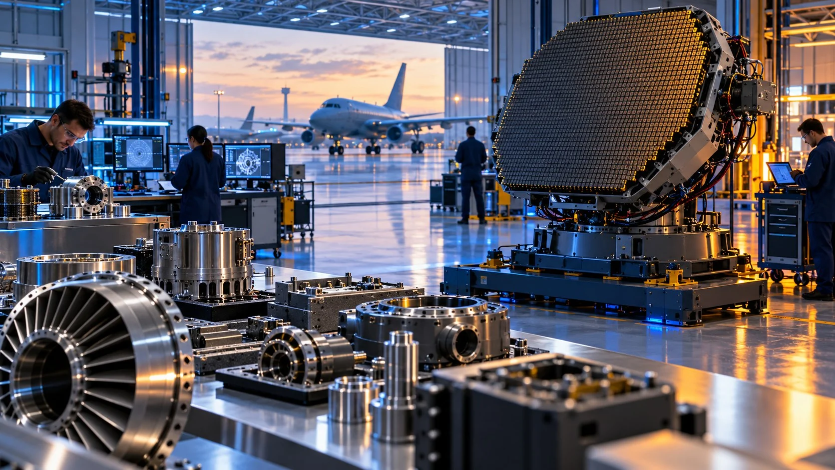 Radar e componenti aerospaziali in un ambiente di collaudo industriale