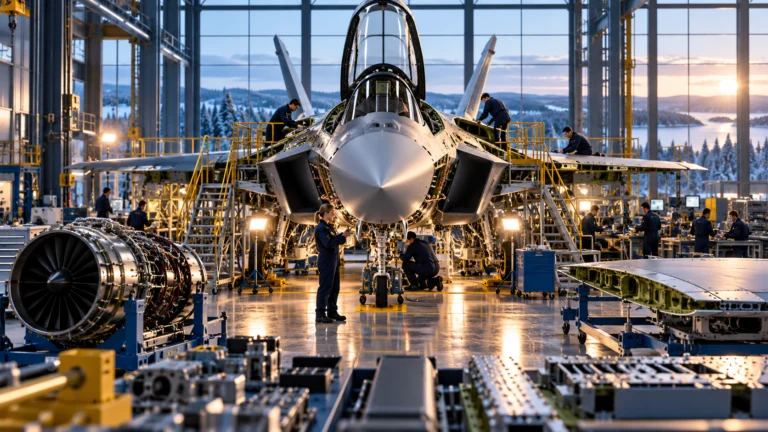 Illustrazione di un aereo in assemblaggio in un hangar industriale