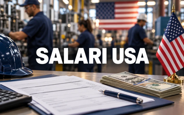 Scritta Salari USA su una scena industriale americana con documenti, dollari e bandiera degli Stati Uniti.