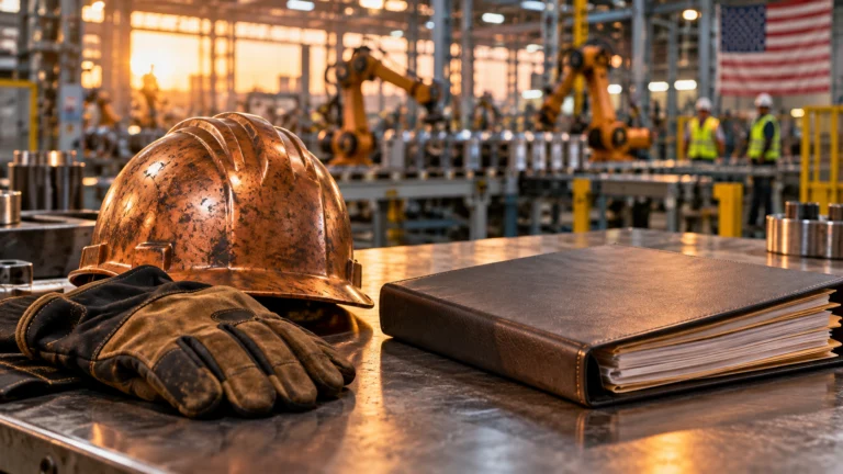 Casco protettivo e guanti accanto a una cartella delle retribuzioni in un ambiente industriale