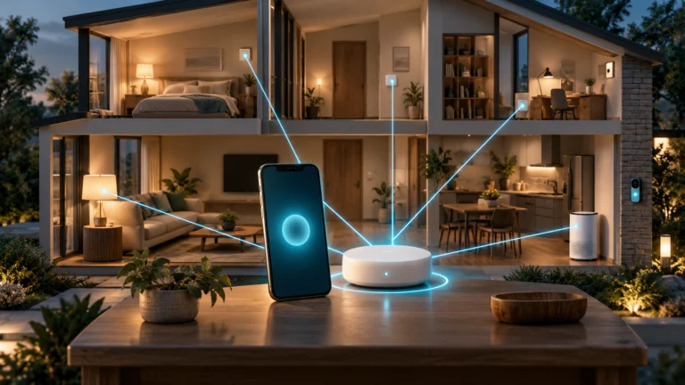 Illustrazione concettuale di smartphone e hub connessi ai dispositivi di una casa intelligente