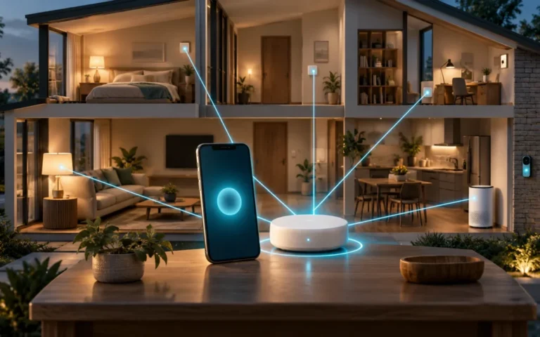 Illustrazione concettuale di smartphone e hub connessi ai dispositivi di una casa intelligente