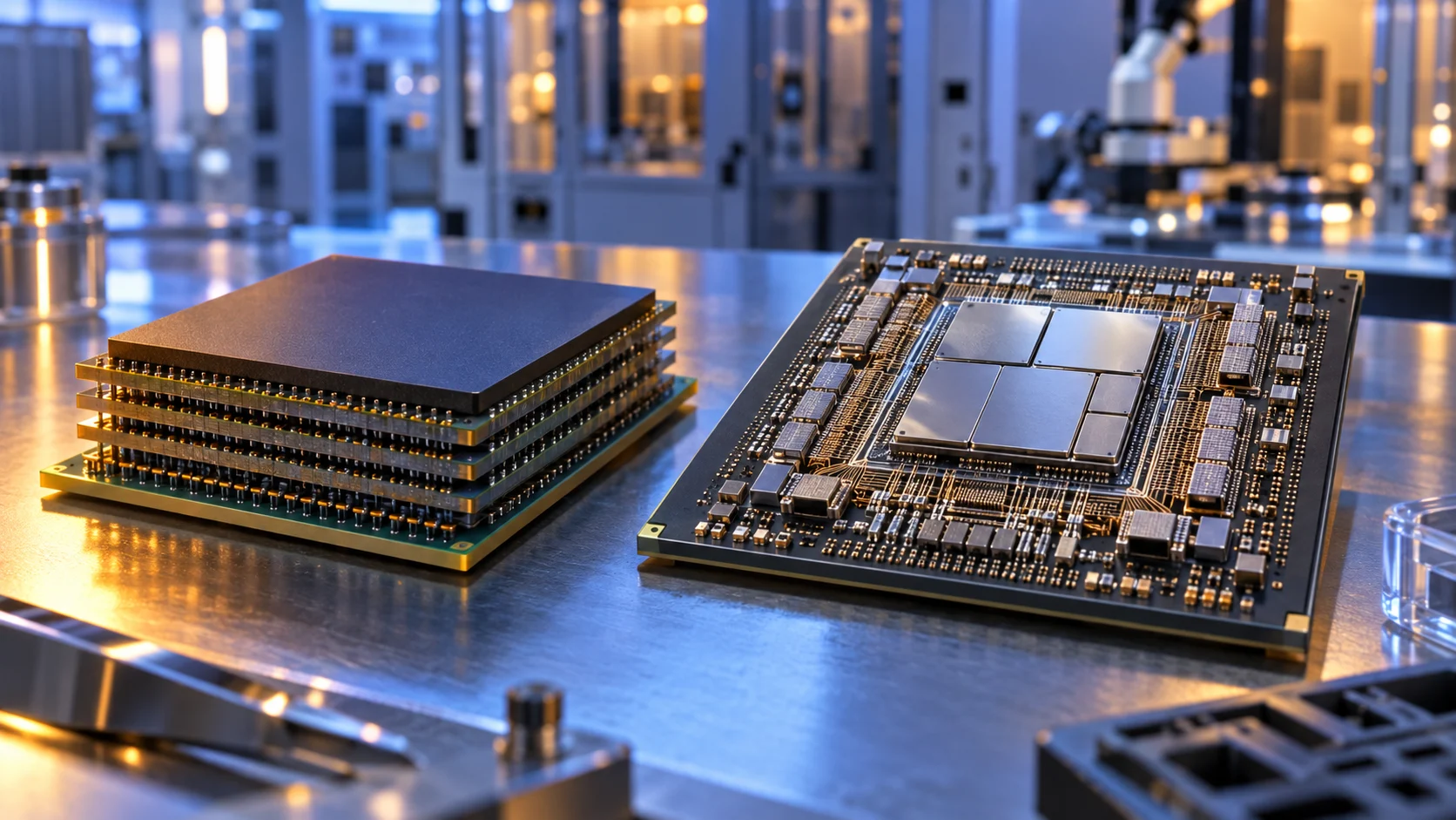 Illustrazione originale di un modulo di memoria e un processore su un banco di laboratorio