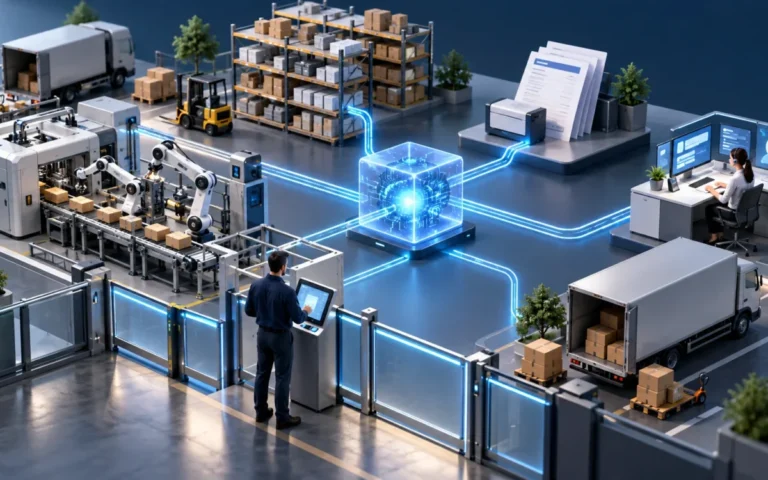 Impresa industriale in miniatura con magazzino e terminali collegati a un modulo di intelligenza artificiale