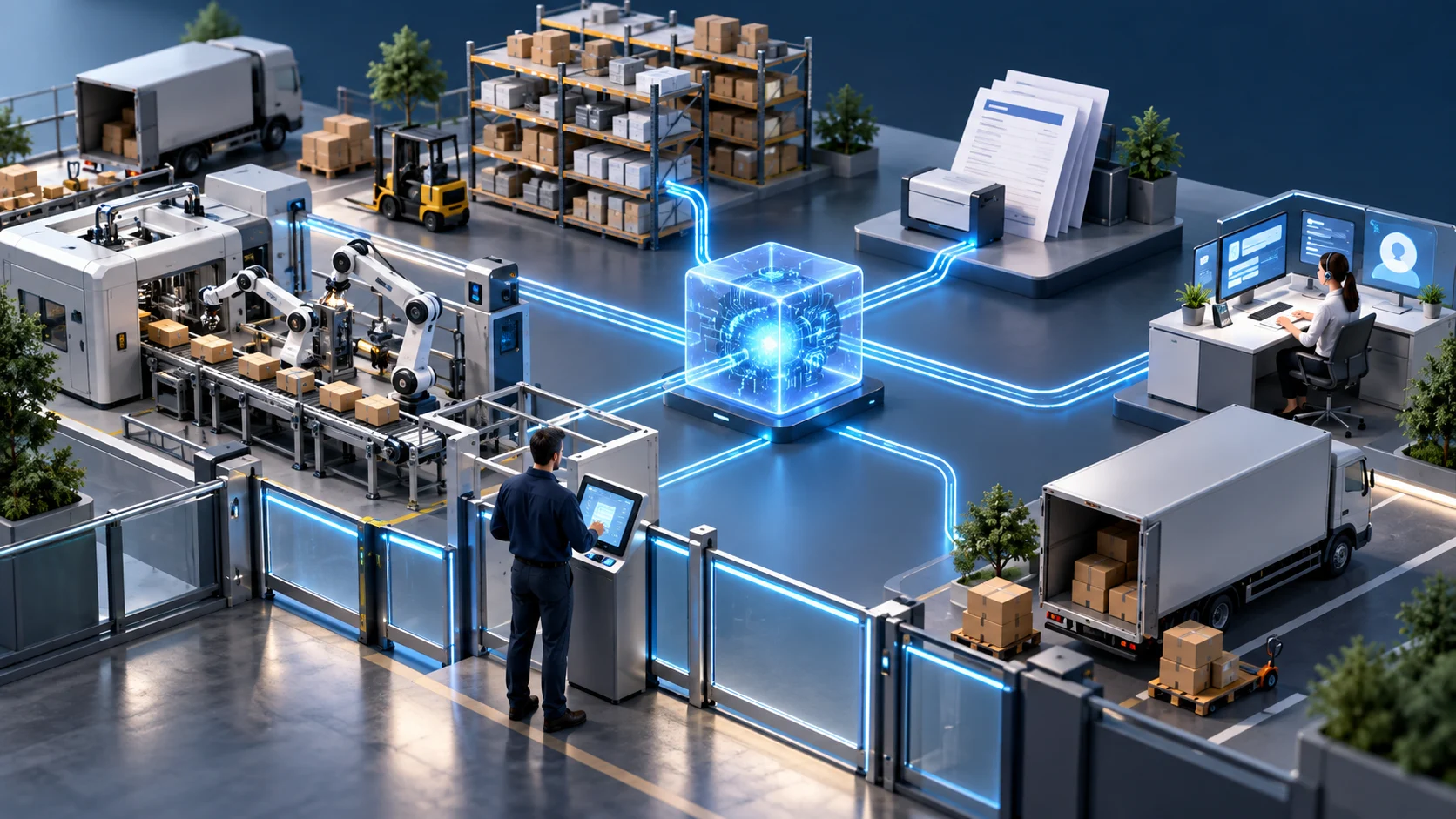 Impresa industriale in miniatura con magazzino e terminali collegati a un modulo di intelligenza artificiale