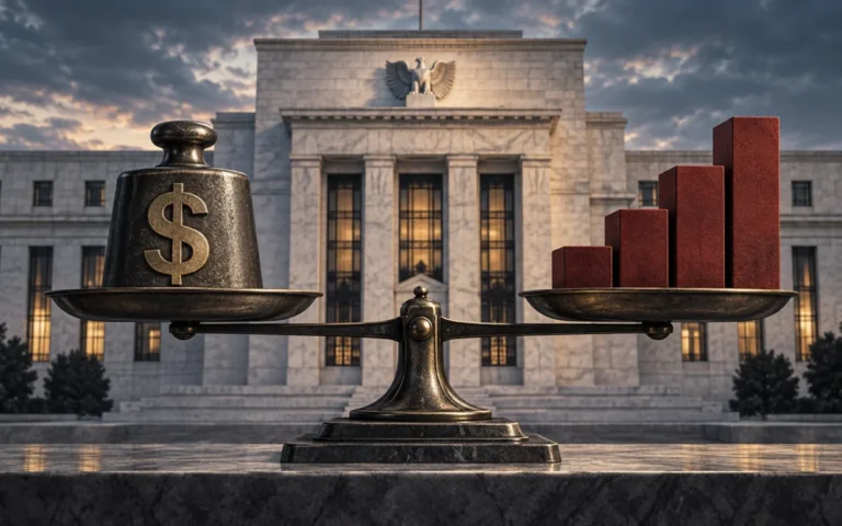 Illustrazione del confronto tra dollaro e pressioni sui prezzi davanti a una banca centrale
