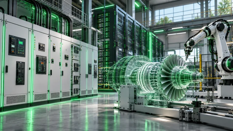 Illustrazione di apparecchiature elettriche, server e robot industriale per Schneider Electric e PTC