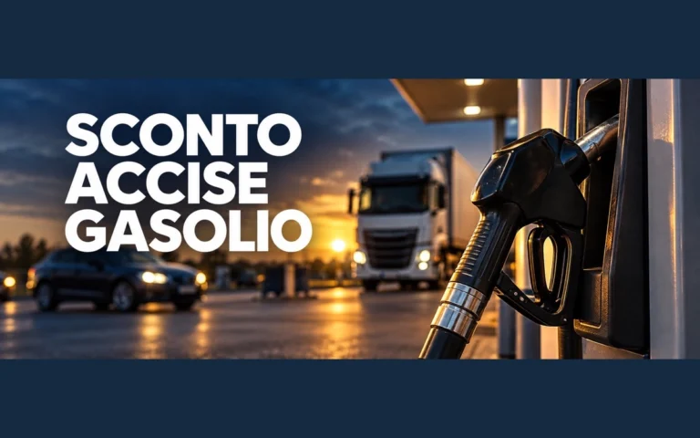 Erogatore di gasolio con auto e camion sullo sfondo e scritta Sconto accise gasolio.