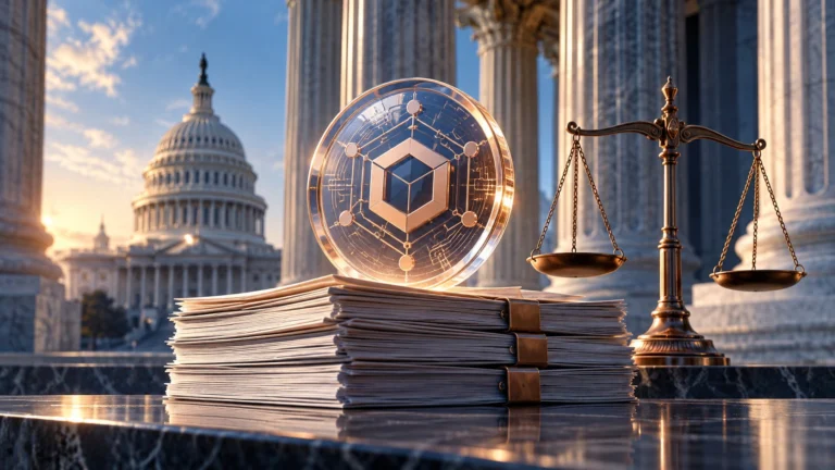 Token digitale sopra documenti e bilancia davanti a colonne istituzionali statunitensi