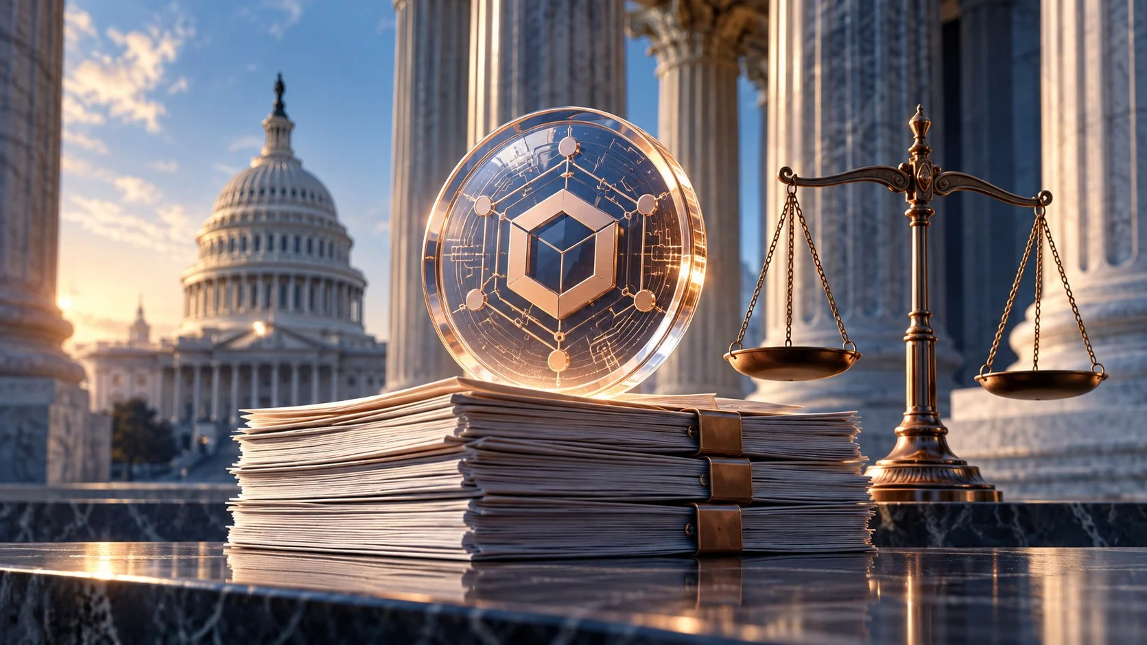 Token digitale sopra documenti e bilancia davanti a colonne istituzionali statunitensi