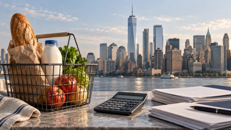 Illustrazione di un paniere di spesa, calcolatrice e documenti finanziari davanti al distretto bancario di New York