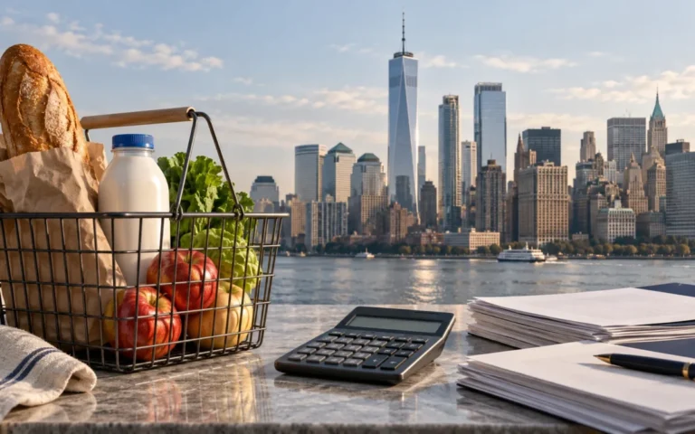 Illustrazione di un paniere di spesa, calcolatrice e documenti finanziari davanti al distretto bancario di New York