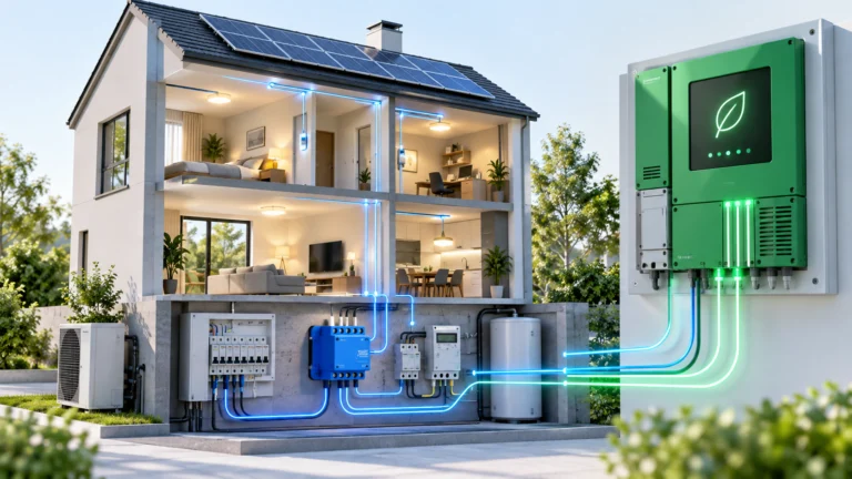 Illustrazione generata con IA: dispositivi per un edificio connesso collegati a un pannello di gestione dell’energia.