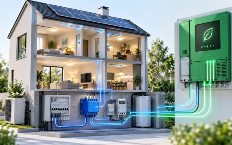 Illustrazione generata con IA: dispositivi per un edificio connesso collegati a un pannello di gestione dell’energia.