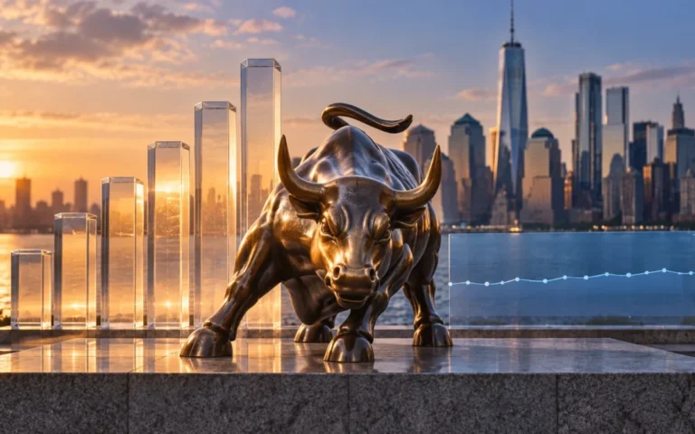 Illustrazione generata con IA: toro di bronzo, blocchi luminosi degli utili e un pannello astratto sull’occupazione davanti a Manhattan.