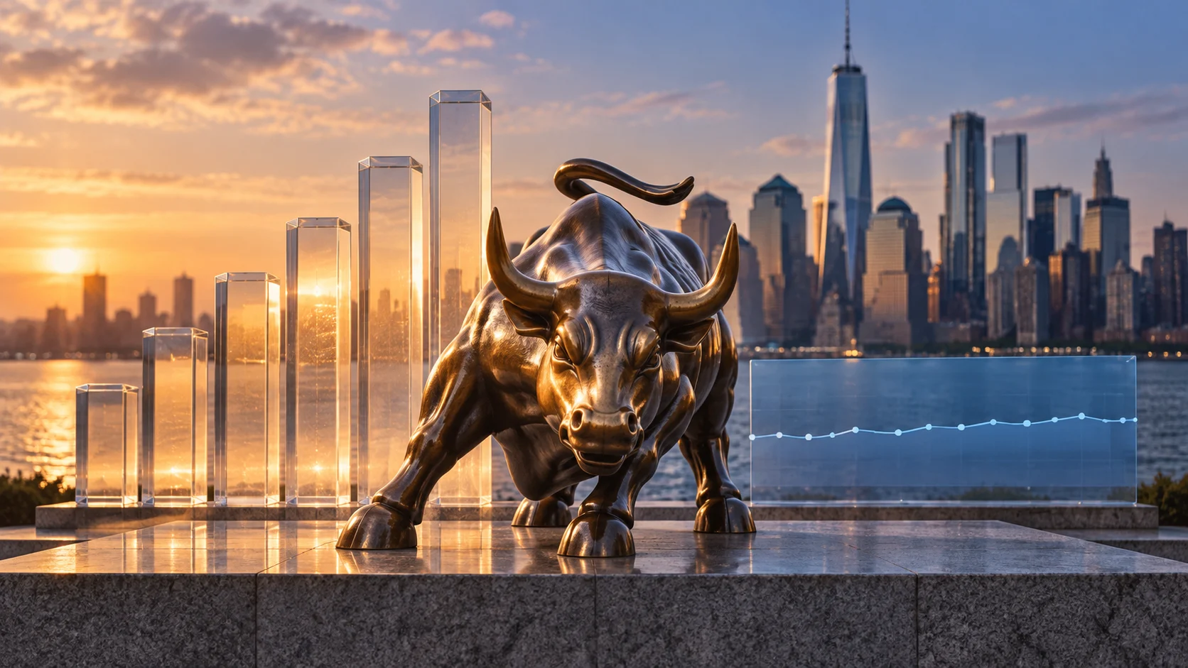 Illustrazione generata con IA: toro di bronzo, blocchi luminosi degli utili e un pannello astratto sull’occupazione davanti a Manhattan.