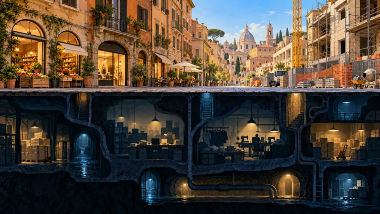 Illustrazione di negozi e cantiere sopra una sezione sotterranea simbolica dell’economia nascosta