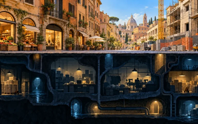 Illustrazione di negozi e cantiere sopra una sezione sotterranea simbolica dell’economia nascosta