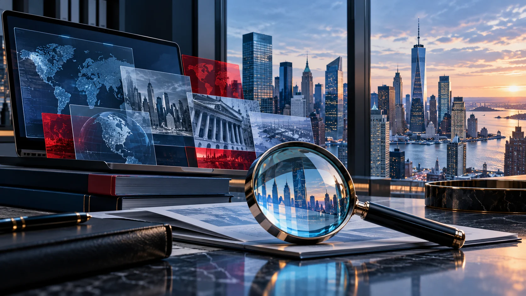 Postazione di analisi finanziaria con lente e skyline di New York