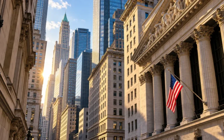 Grattacieli del distretto finanziario di Manhattan con una bandiera americana