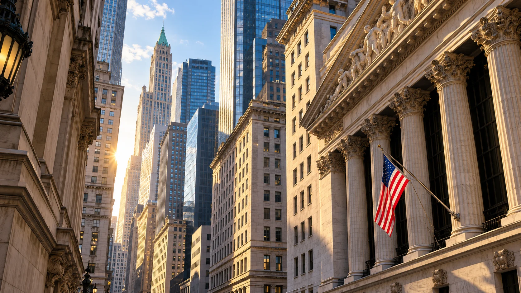 Grattacieli del distretto finanziario di Manhattan con una bandiera americana