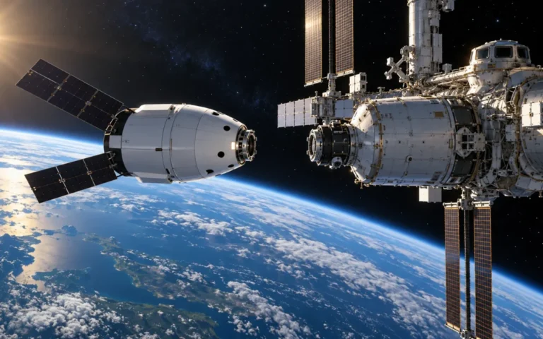 Illustrazione di una capsula cargo in avvicinamento a una stazione orbitale sopra la Terra.