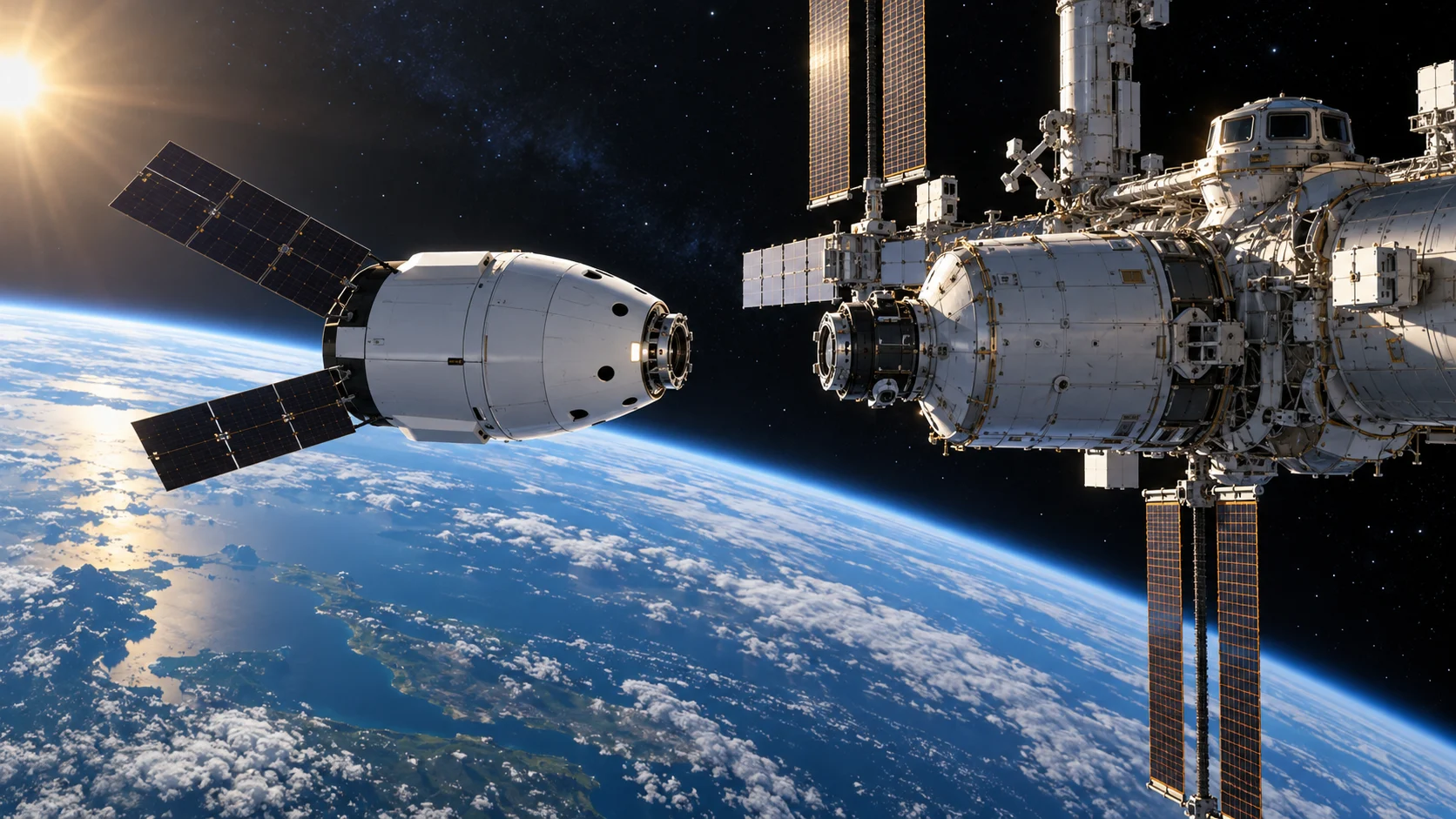 Illustrazione di una capsula cargo in avvicinamento a una stazione orbitale sopra la Terra.