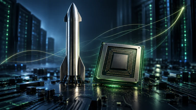 Illustrazione di un razzo e un chip AI, simboli del progetto SpaceX per acquistare semiconduttori Nvidia