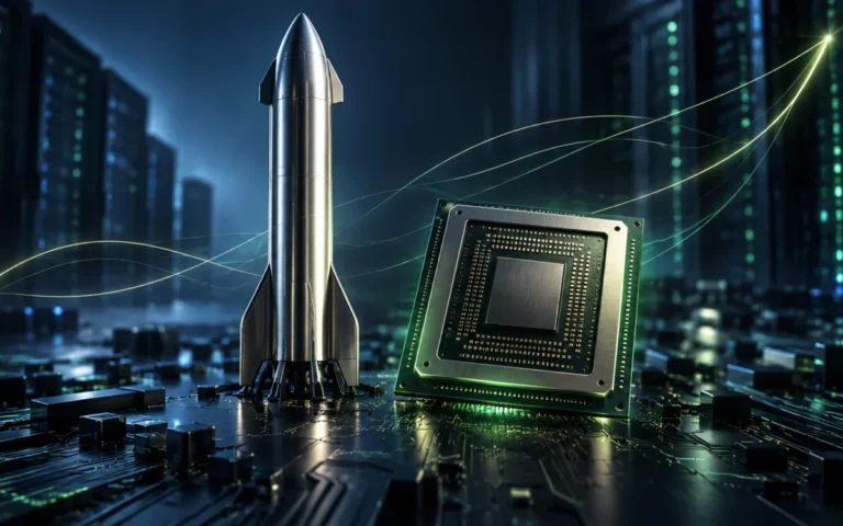 Illustrazione di un razzo e un chip AI, simboli del progetto SpaceX per acquistare semiconduttori Nvidia
