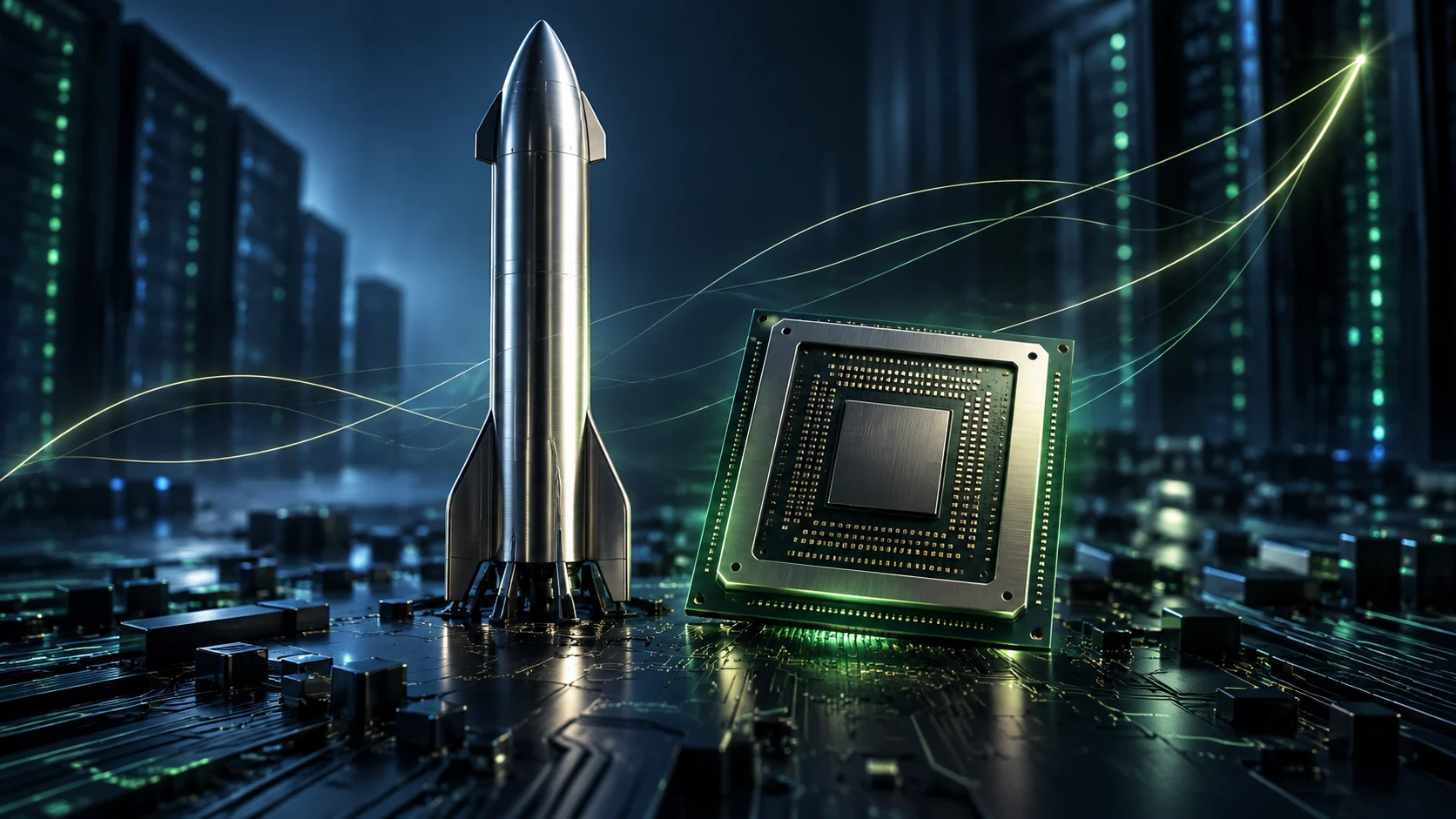 Illustrazione di un razzo e un chip AI, simboli del progetto SpaceX per acquistare semiconduttori Nvidia