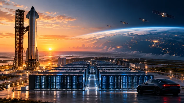Illustrazione di un razzo orbitale, infrastrutture informatiche e un’auto elettrica per i risultati SpaceX e l’ipotesi Tesla