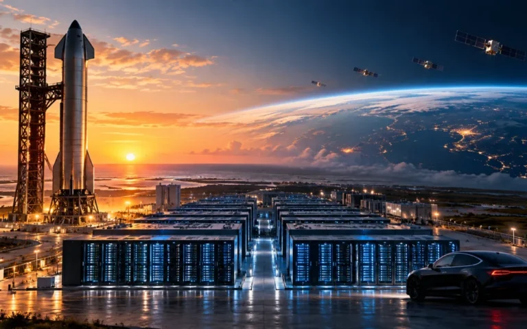 Illustrazione di un razzo orbitale, infrastrutture informatiche e un’auto elettrica per i risultati SpaceX e l’ipotesi Tesla