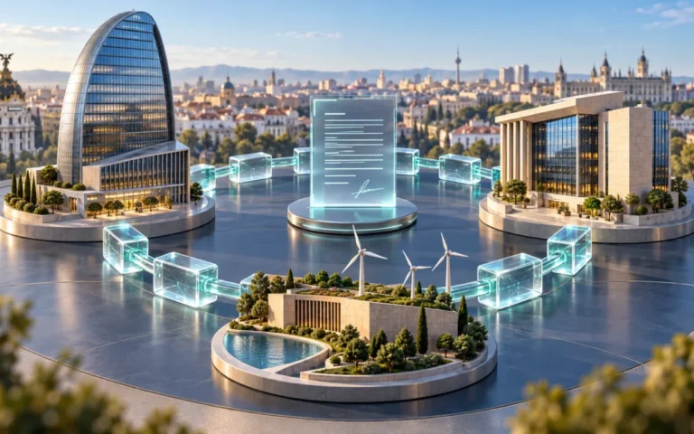 Due edifici bancari e un’impresa energetica collegati da blocchi digitali intorno a un contratto.