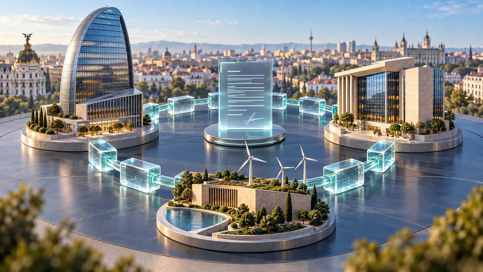 Due edifici bancari e un’impresa energetica collegati da blocchi digitali intorno a un contratto.