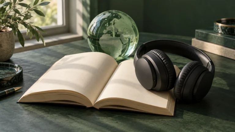 Libro aperto, cuffie e globo verde: illustrazione dell’espansione mondiale degli audiolibri Spotify