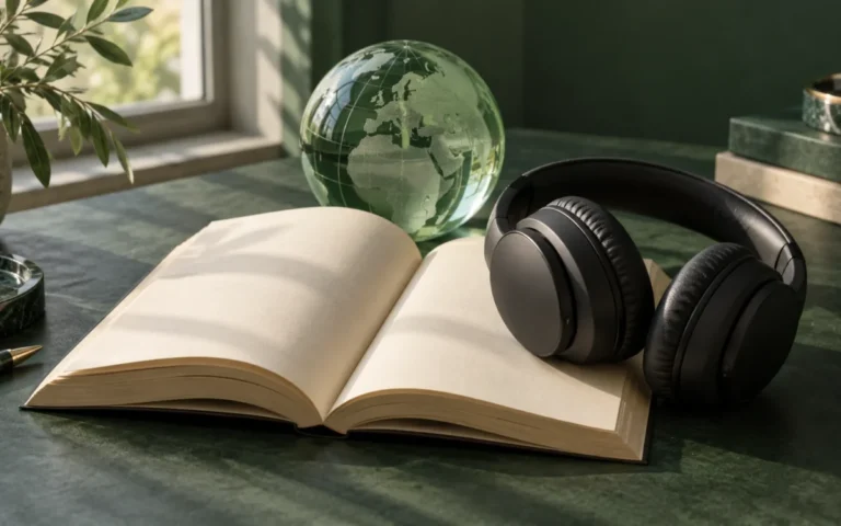 Libro aperto, cuffie e globo verde: illustrazione dell’espansione mondiale degli audiolibri Spotify