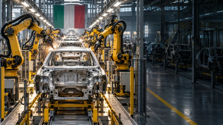 Linea di assemblaggio automobilistico con robot e scocche: illustrazione generata con IA, non fotografia di uno stabilimento Stellantis.